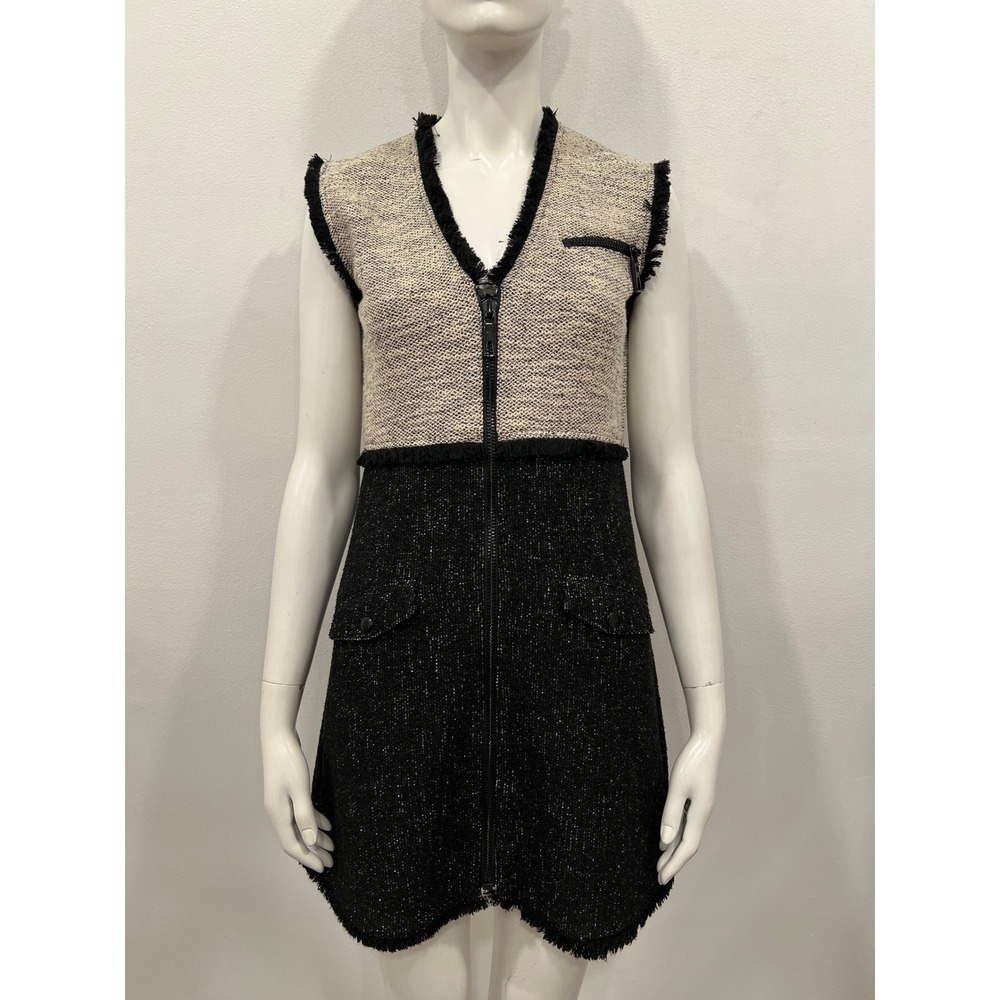 Rachel Zoe Womens 2 Black White Tweed Zip Front Fringed Mini Vest Dress